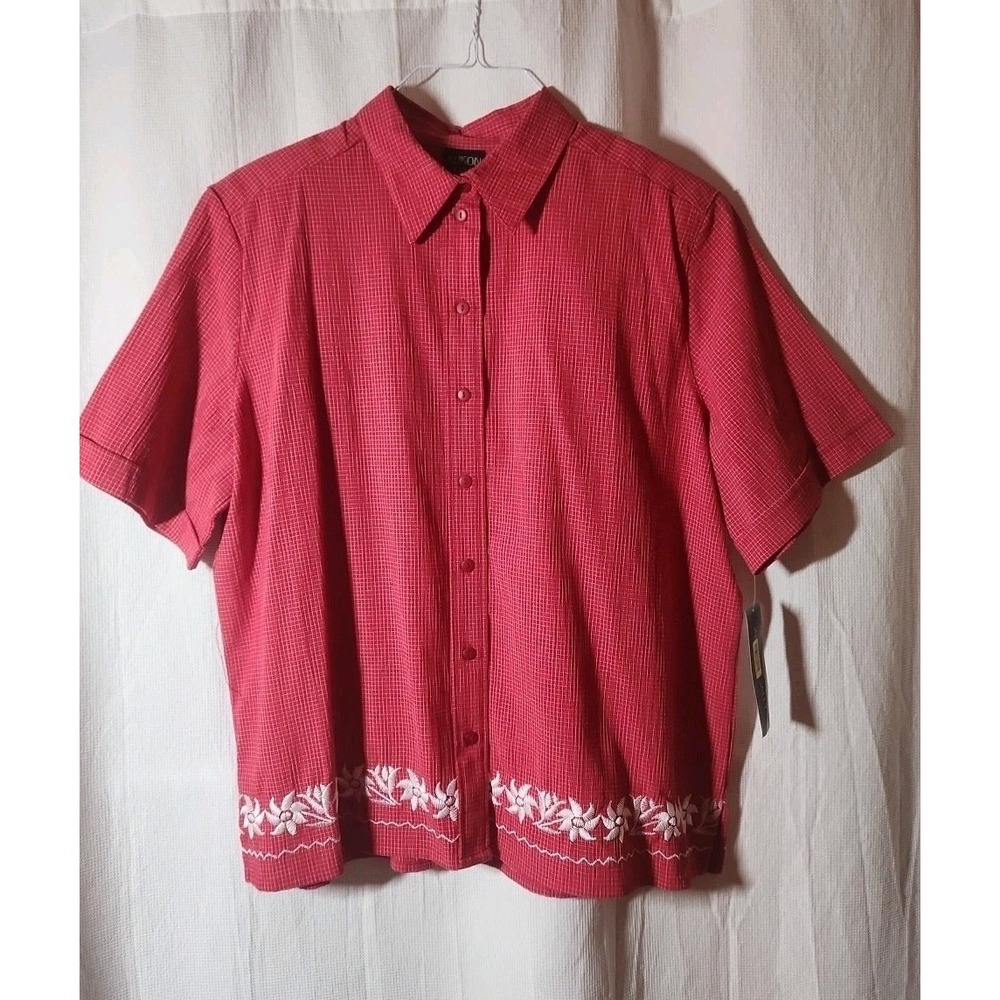 Allison Dalley Red Embroidered Button Up Collared Blouse